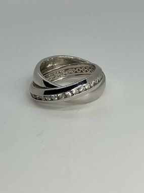 Vtg 925 Sterling Silver Channel Set Cz & Plain Band Connected Criss Cross Ring